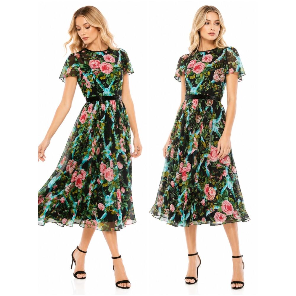 Mac Duggal Floral Illusion Cap Sleeve Midi Dress Black Multi Sheer NWT Size 4 - Picture 10 of 10